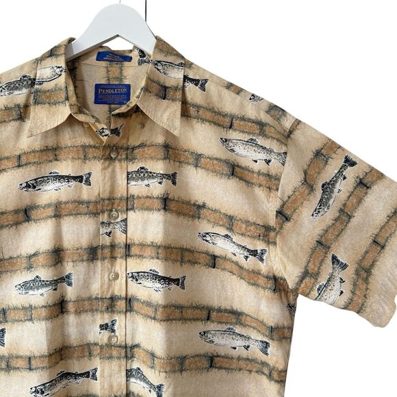 Pendleton Men's Large Fish Short Sleeve Button Front Camp Shirt Cotton Vintage - Picture 1 of 8